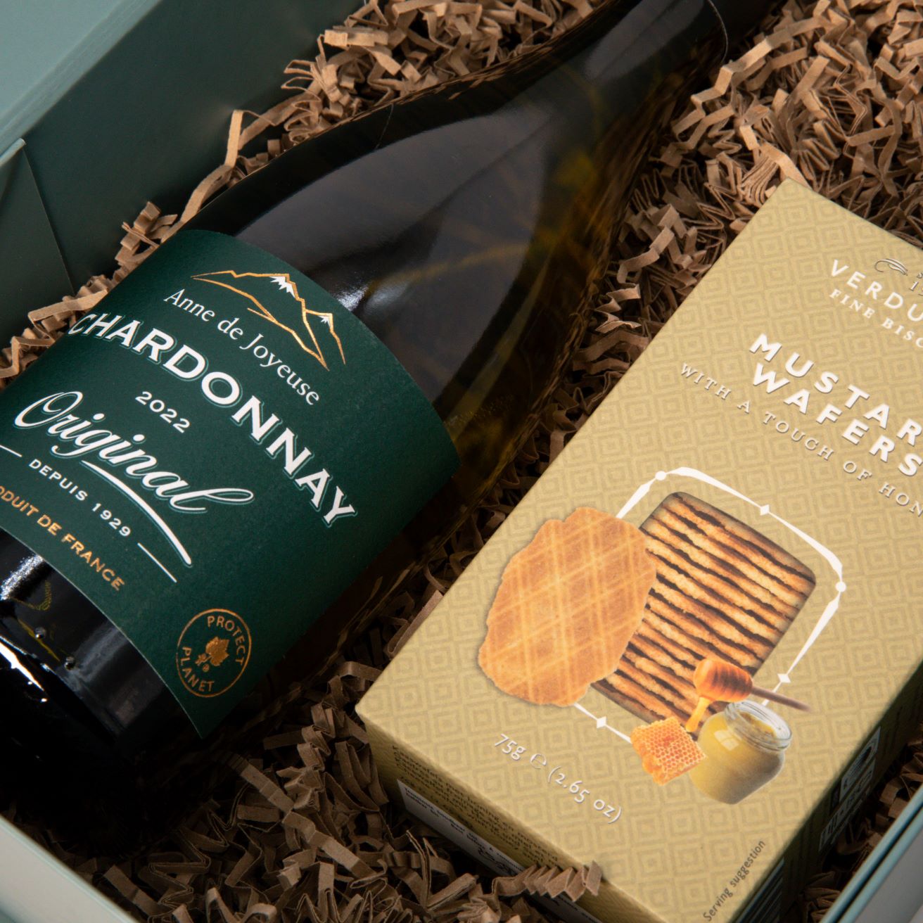 Weinbox Chardonney mit Honig Senf Waffeln Weinbox Chardonney mit Honig Senf Waffeln